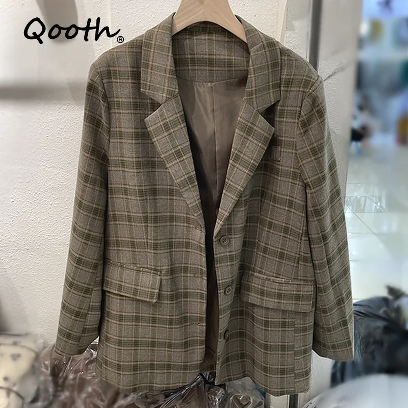 

Qooth 2021 офисные женские блейзеры и куртки, клетчатый Блейзер, корейское пальто, женская зимняя одежда, однобортная верхняя одежда QT1119