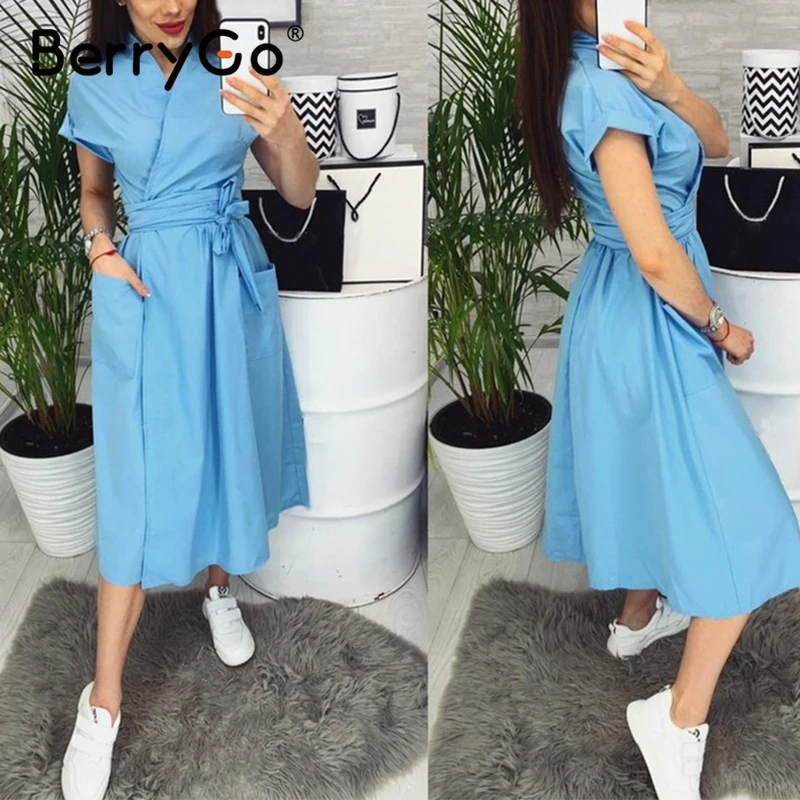 Женское Повседневное платье с поясом BerryGo офисное трапециевидной формы коротким