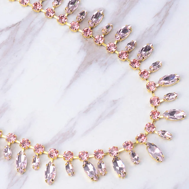 pink with gold 20 см/Лот, стеклянные стразы, цепочка, 8 мм, круглая+ 8x13 мм, слеза, прозрачный кристалл, отделка, золотая металлическая основа, 2 см, ширина, для шитья одежды, сделай сам - Цвет: pink with gold