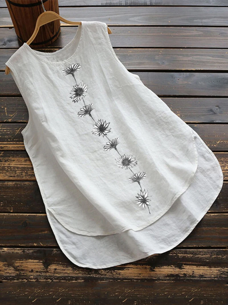 

Women Summer Casual Printed Loose T-shirt Elegant O-neck Daisy Print Sleeveless Tank T-Shirts Graphic Blouse Tops S-5XL