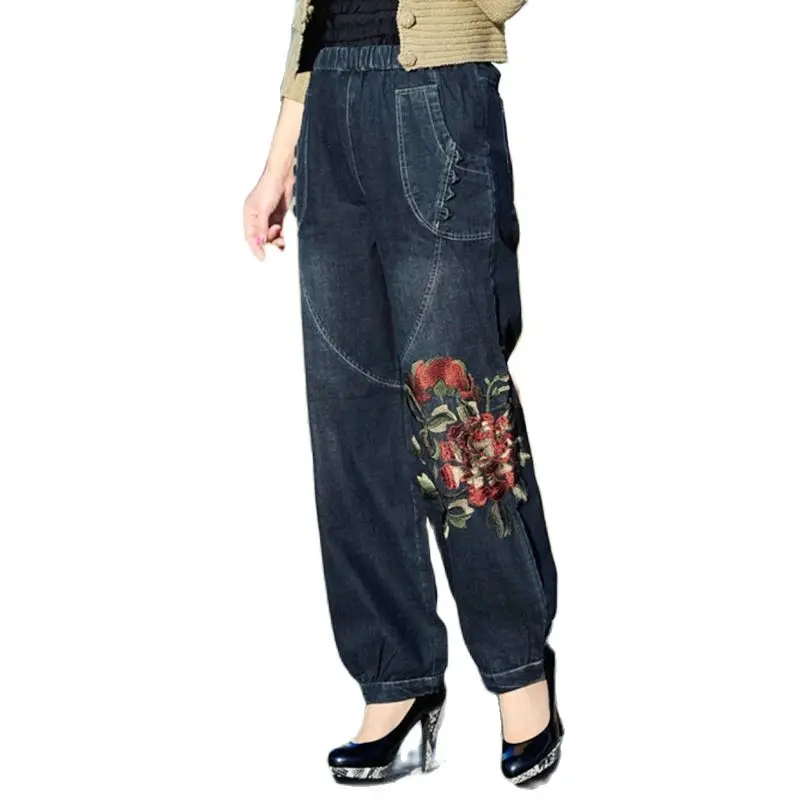 Spring Autumn Women's Vintage Wide-leg Jeans 2021 New Casual Flowers Embroidery Pants Cotton Denim Trousers Jean Femme