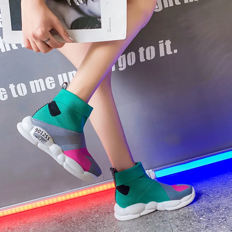 Spring Boots Shoes Woman Flats Sock Elastic Lightweight Shoes Casual Female Colorful Knit Sock Summer Mix Color Shoes