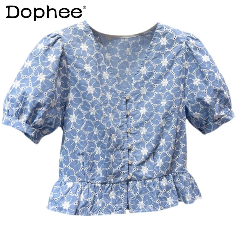 

2021 Summer Exquisite Hollow Lace Top Fashion Puff Sleeve Blusas Flower Jacquard Short Elegant Shirt All-match Blouse for Women