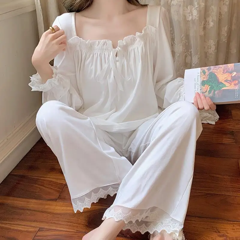 Осенний французский пижамный комплект, хлопковая белая ночная рубашка, Женская домашняя одежда с длинным рукавом, милая кружевная ночная рубашка, одежда для сна принцессы