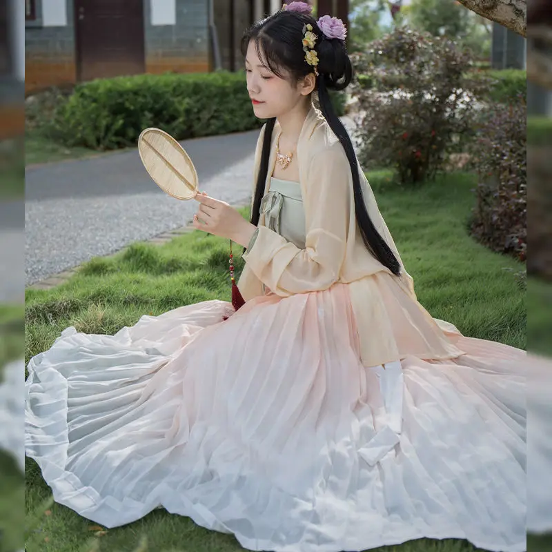 

Оригинальная женская короткая юбка Hanfu голубого цвета с рукавом летательного аппарата, юбка со складками Beizi сто, подходит для весны, лета и осени