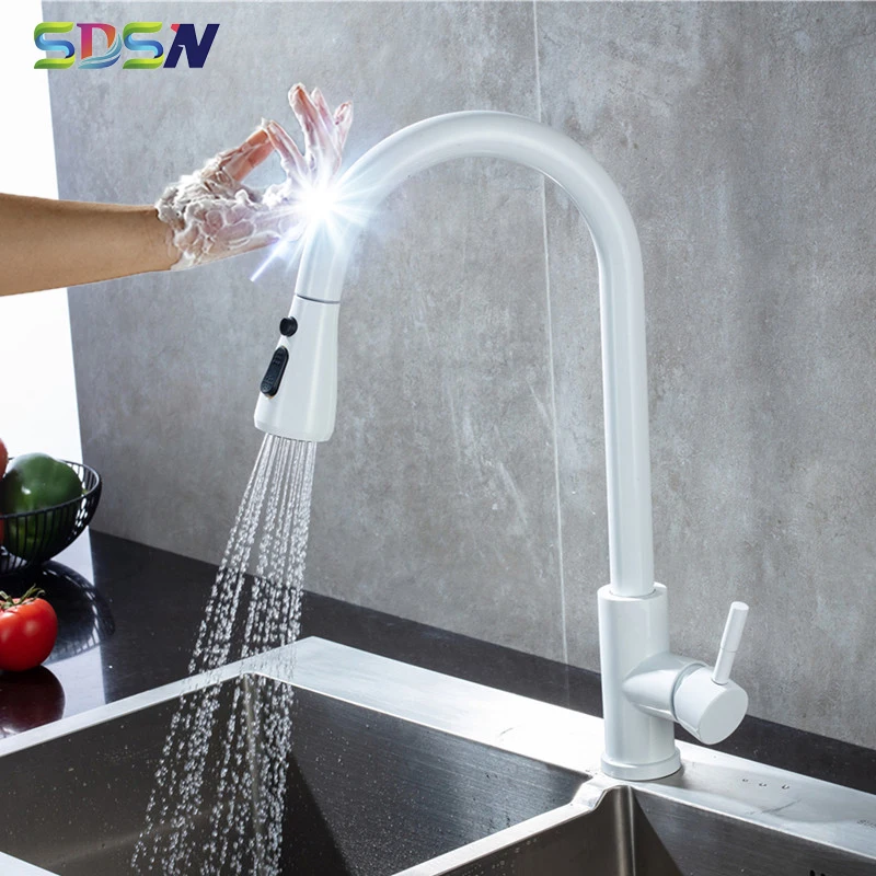 Белый сенсорный кухонный кран SDSN выдвижной для раковины датчик Handfree из