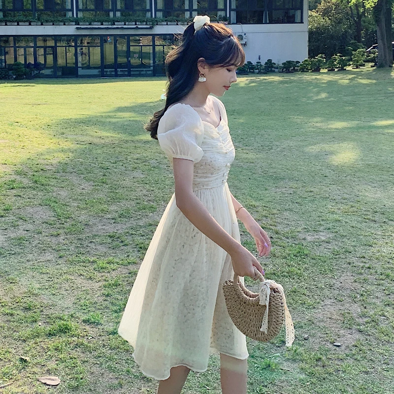 

to film the spot small video super fairy floral chiffon accept waist a word shoulder administrative short-sleeved dress