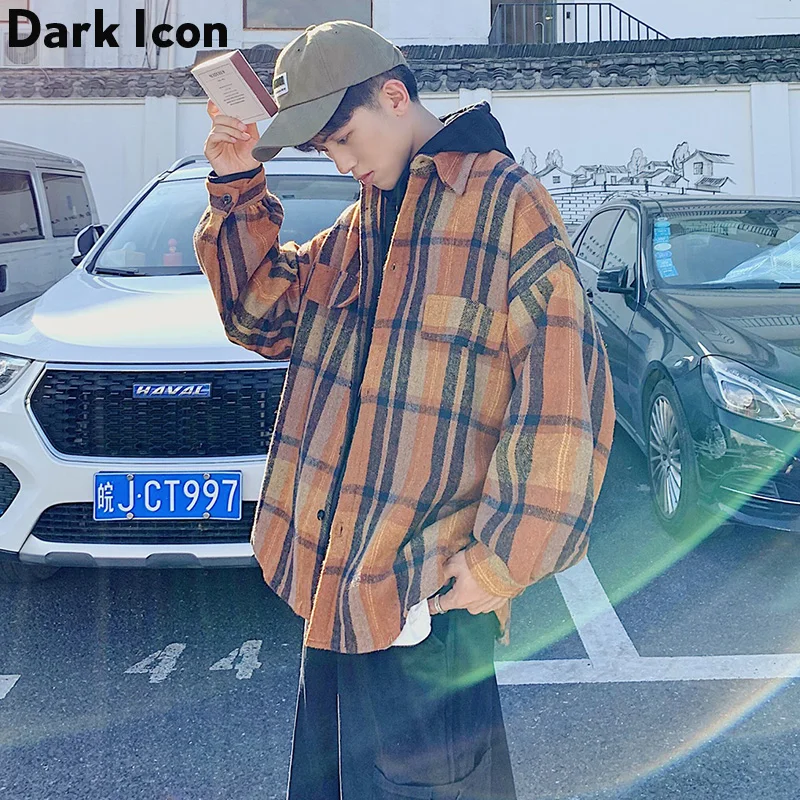 Темная икона клетчатая рубашка для мужчин латерн рукав хип-хоп негабаритные