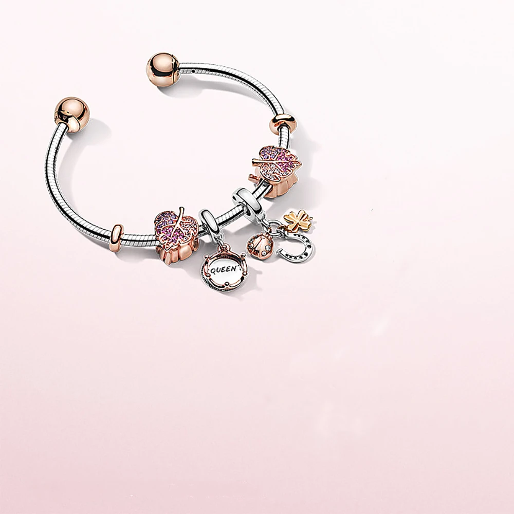 

Volayer 925 Sterling Silver Beads Pink Pave Leaf Queen&Regal Crown Charms fit Original Pandora Bracelets Women Jewelry Making