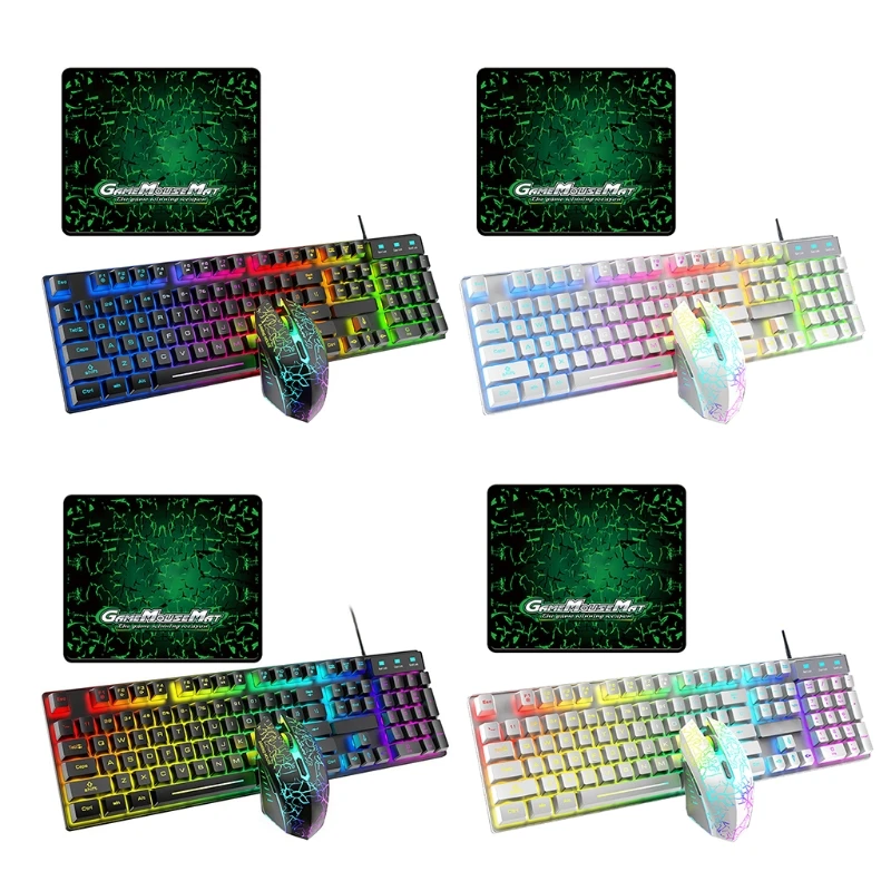 

T6RGB Luminous Wired Gaming Keyboard and Mouse Set with Large Mouse Pad USB Colorful Backlit Mechanical Feel Keyboard
