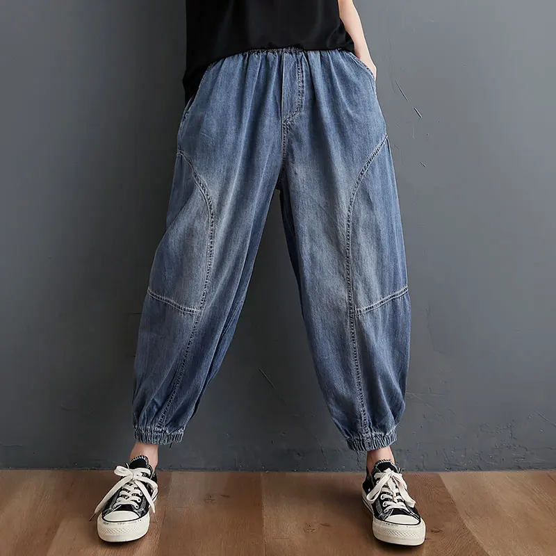 

2021 сезон: весна-лето искусств Стиль женские штаны с эластичной резинкой на талии свободные синие джинсы, подходит ко всему, коттоновые повсе...