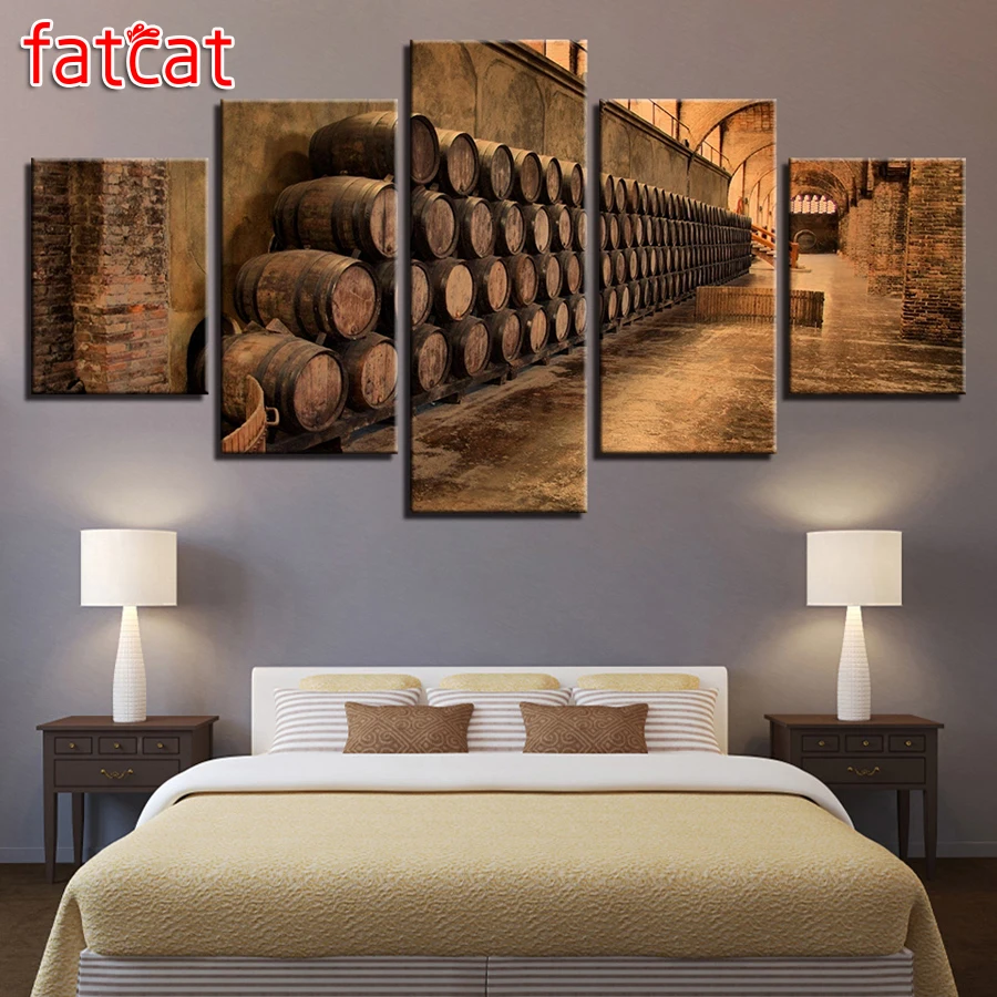 

FATCAT 5 Panel Wine Barrel Diy Diamond Painting Full Square Round Drill Diamond Embroidery Rhinestone Sale Art Home Decor AE848