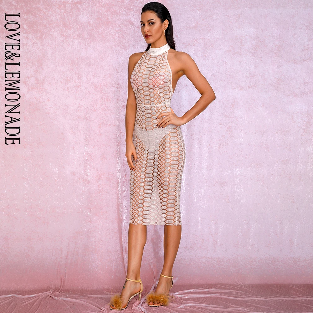 LOVE& LEMONADE A/W сексуальное Белое Платье До Колена с открытой спиной и сеткой с наклеенными блестками LM82019