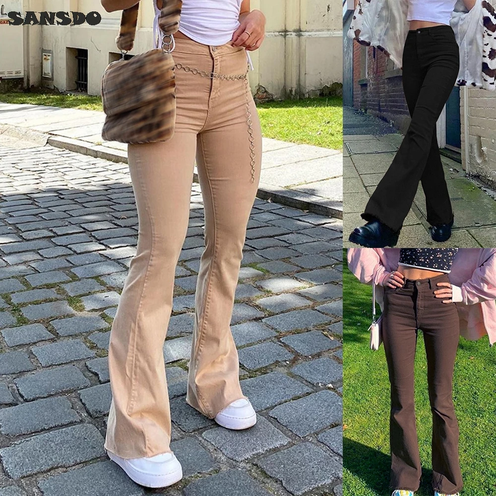 

Streetwear Solid Blue Flare Jeans For Girls Female Fashion 2021 New Vintage Denim Pants Women High Waisted Trouser