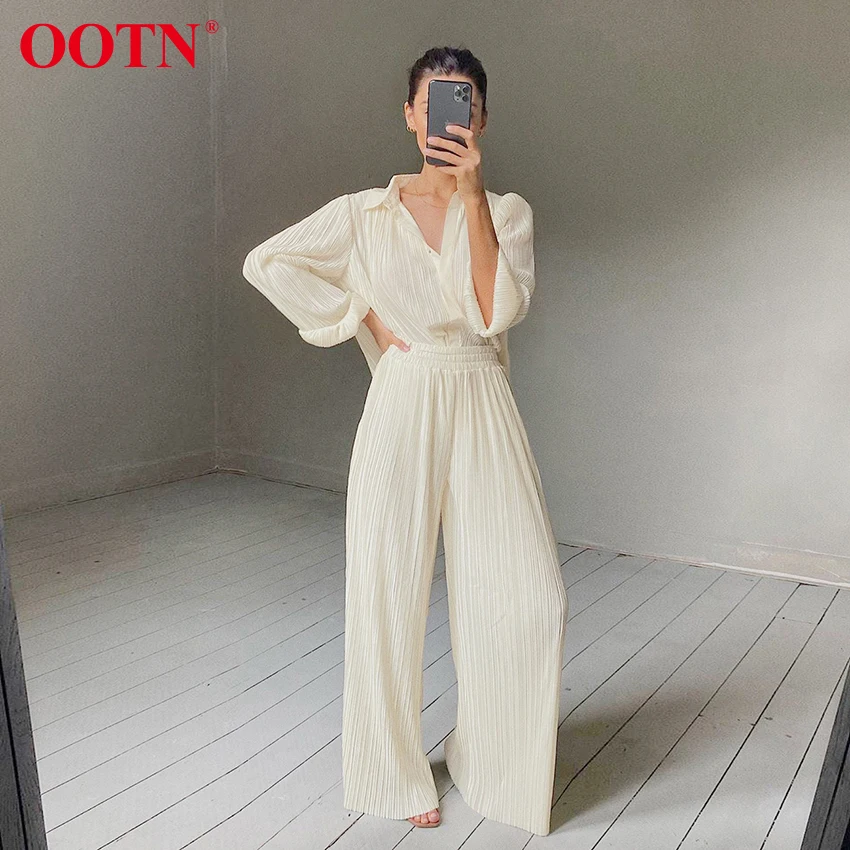 

Женские плиссированные широкие брюки OOTN цвета хаки, элегантные повседневные брюки палаццо, эластичные брюки с высокой талией и рюшами, женс...