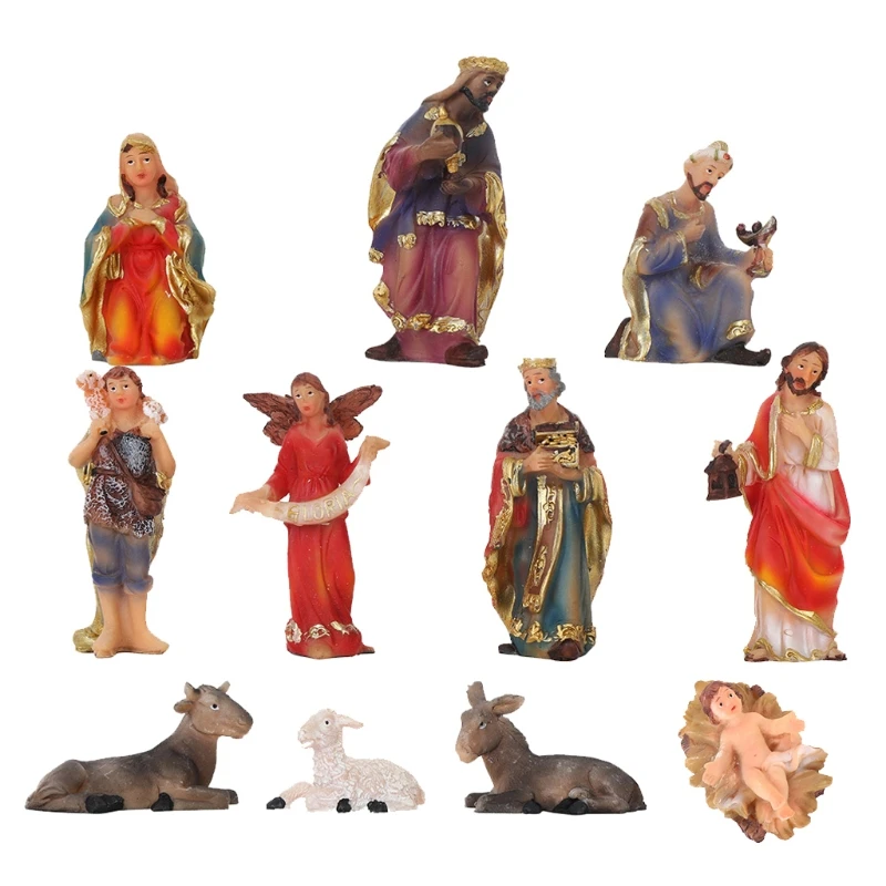

New 11 Pieces Nativity Scene Figurine Set Christmas Crib Baby Jesus Holy Family Religious Figures Manger Church Resin Statue