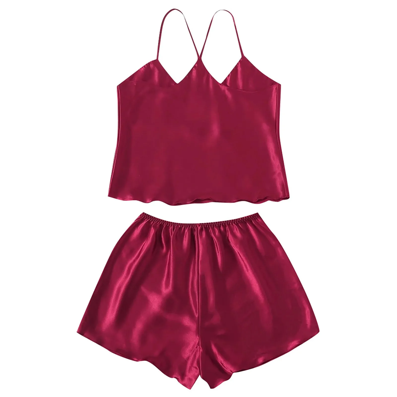 

Women Sexy-Lingerie Sleepwear Satin Silk Solid Color Pajamas Shorts Set V-Neck Camisole Babydoll Lace Up Nightwear A70