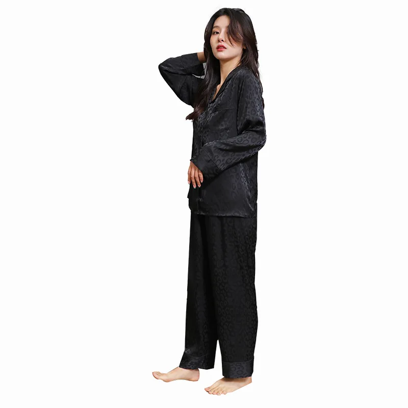 

Print Leopard 2PCS Pj's Sets With Trouers Satin Sleepwear Button-down Pajamas Suit Lapel Femme Loungewear Long Sleeve Nightwear