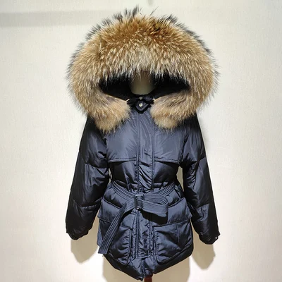 black ( Natural hair White Down Coat Winter Woman Fashion New Hooded Fur Collar Warm Thicken Cotton Clothing Casual Parkas Belt Overcoat f1401 - Цвет: black ( Natural hair