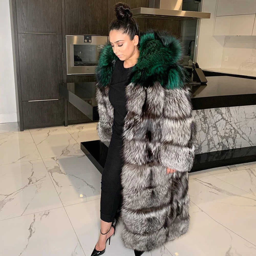 

Fashion Long Real Silver Fox Fur Coat for Women Winter New Whole Skin Genuine Fox Fur Coats with Hood Thick Warm Fur Overcoats