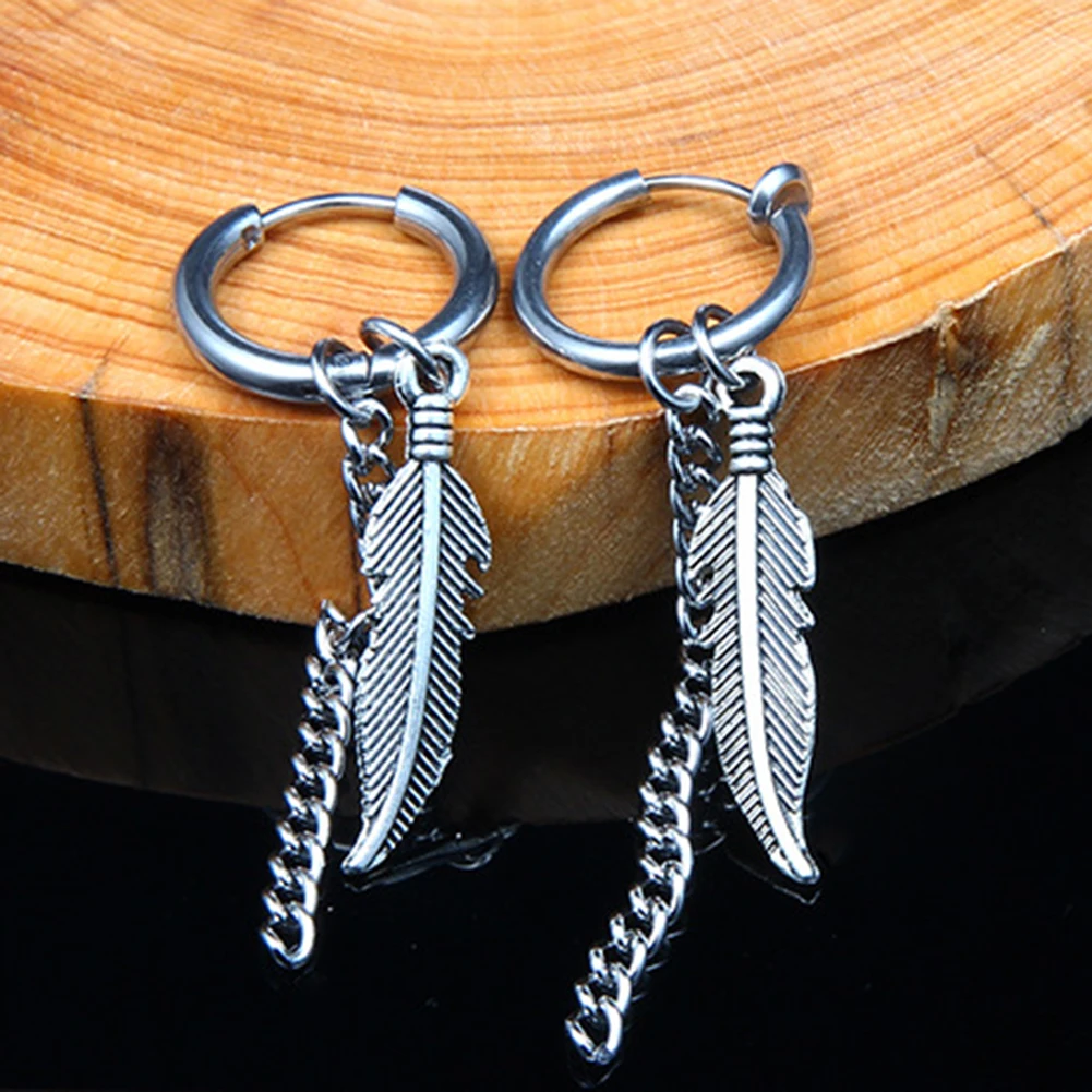 

1PCS Punk Men Women Earring Stainless Steel Dangle Feather Ear Stud Hoop Jewelry Earring Street fashion Long Female Male Earring