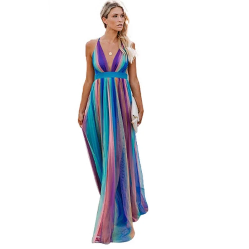 

Deep V-neck Dress Sleeveless Sling Lace Rainbow Mesh Floor-length Dresses Women 2020 Summer New Elegant High Street Vestidos