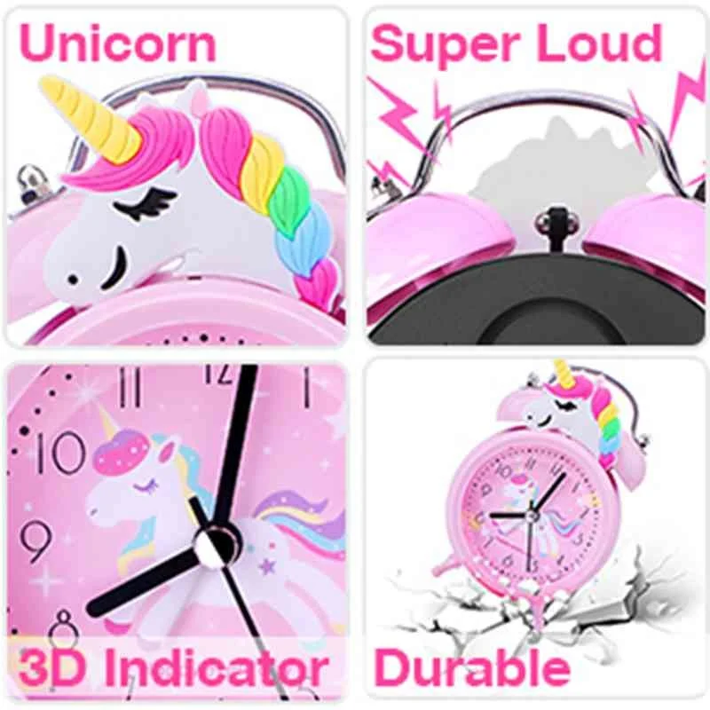 

Pink Unicorn Kids Alarm Clock Double Bell Clock with Backlight Cute Desk Clock Home Decoration Kid Gifts reveil enfant