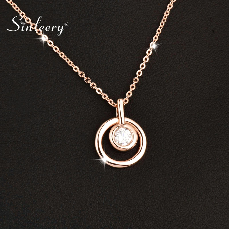 

SINLEERY Classic Circle Round Pendant Necklace With Cubic Zirconia Rose Gold Color Short Chain For Women Jewelry Xl689 SSI