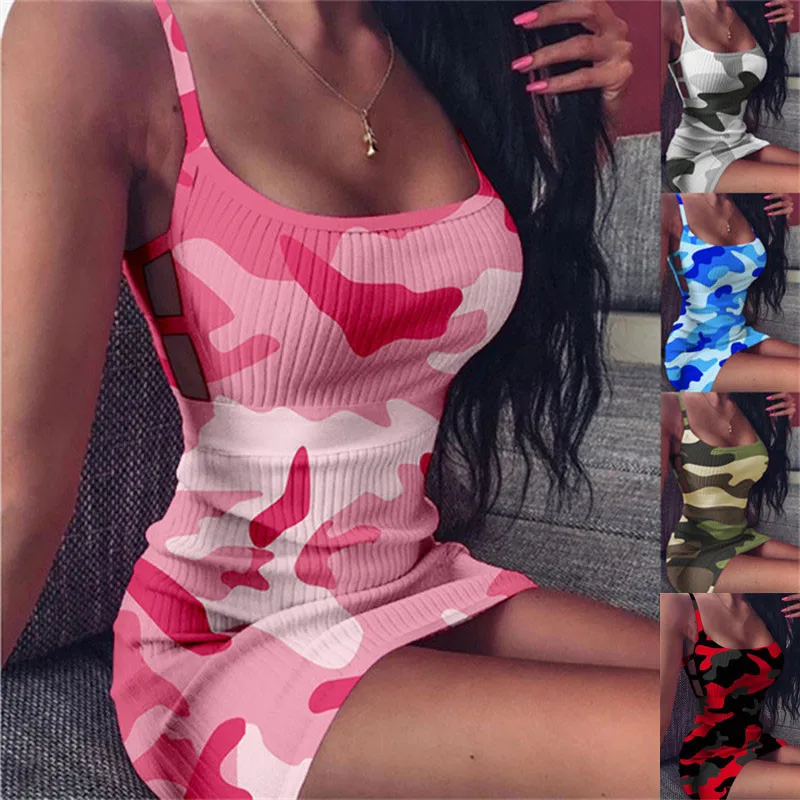 

2021 camouflage print sleeveless summer casual short dress ladies hip Bodycon mini dress