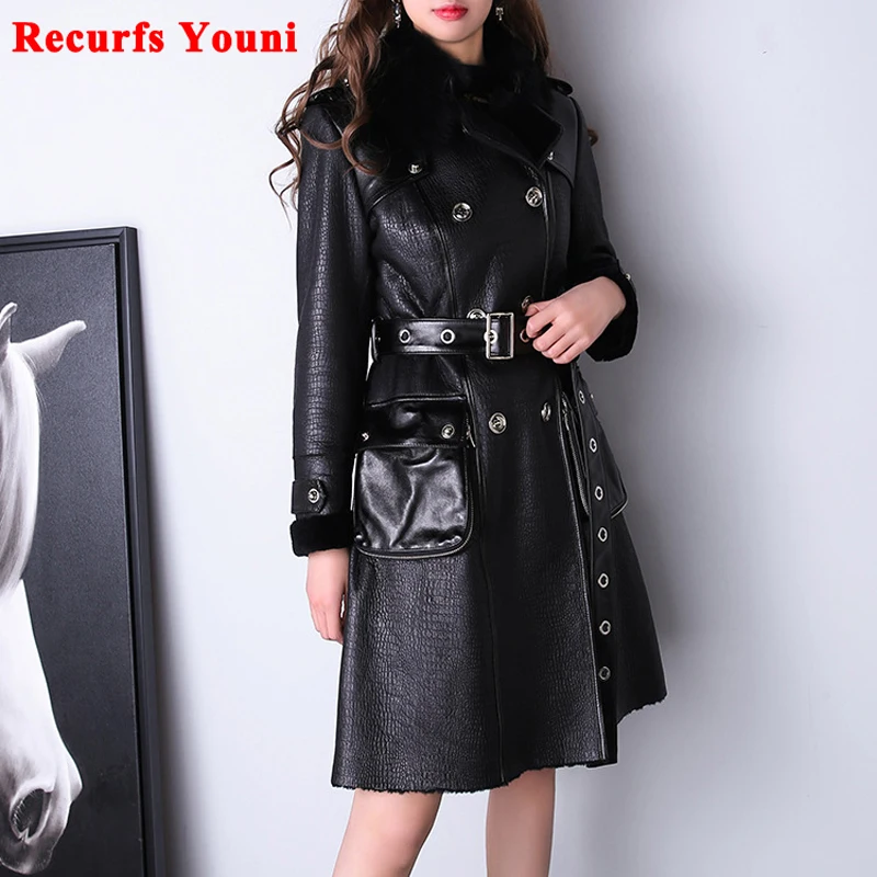 

LUXURY Attractive 100% Wool Fur Jacket For Women Winter Femme Crocodile Embossed Fur One Shearling Real Leather Coat With Belt