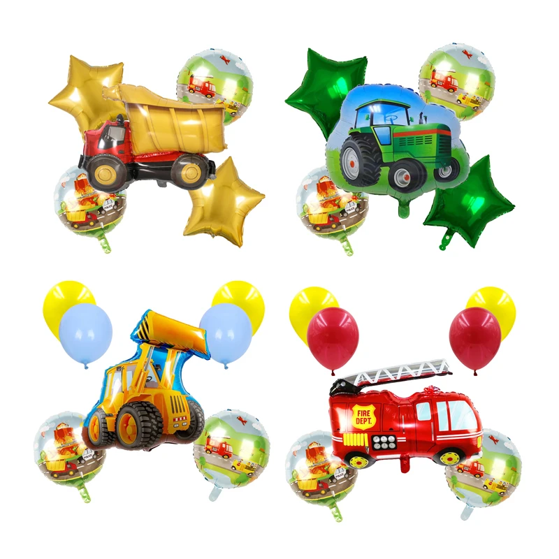 

1Set Construction Foil Balloon Excavator Firetruck Tractor Farm Balloons Latex Ball Boys Gifts Birthday Party Decor Kids Toys