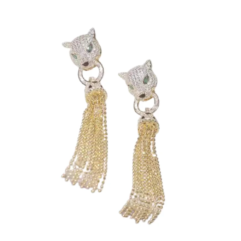 

Solid 925 Sterling Silver Dangle Earrings Cubic Zirconia Leopard Ball Chain Tassel Women Brand Panther Animal Fine Jewelry