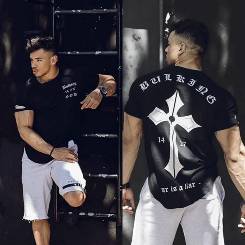 Мужская хлопковая футболка для бега тренажерного зала фитнеса бодибилдинга