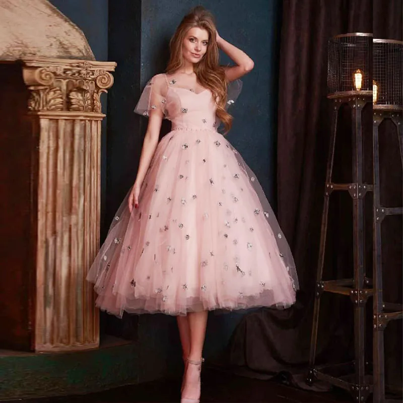 

Eightree Pink Short Evening Dresses A Line Lace Appliques Prom Dresses Tea Length Tulle Plus Size Formal Evening Party Dress