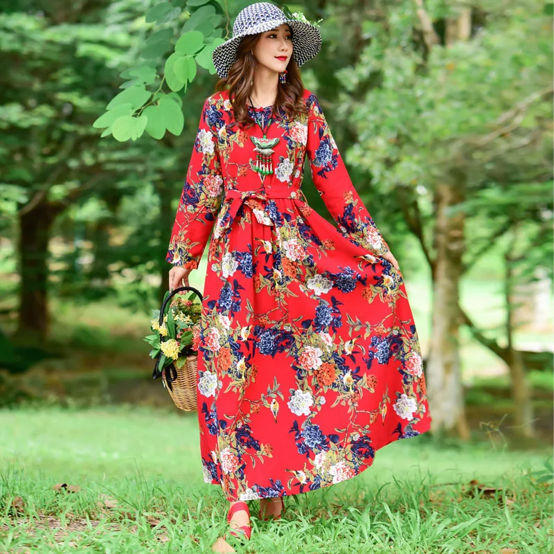 Осеннее свободное хлопковое платье с длинными рукавами и круглым вырезом модная