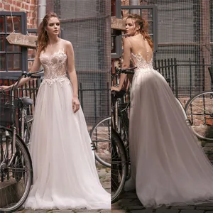 Sheer Lace Appliques Wedding Dresses Sexy Backless Tulle Custom Made Spring Garden Bridal Gowns Formal Long Women Fashionable