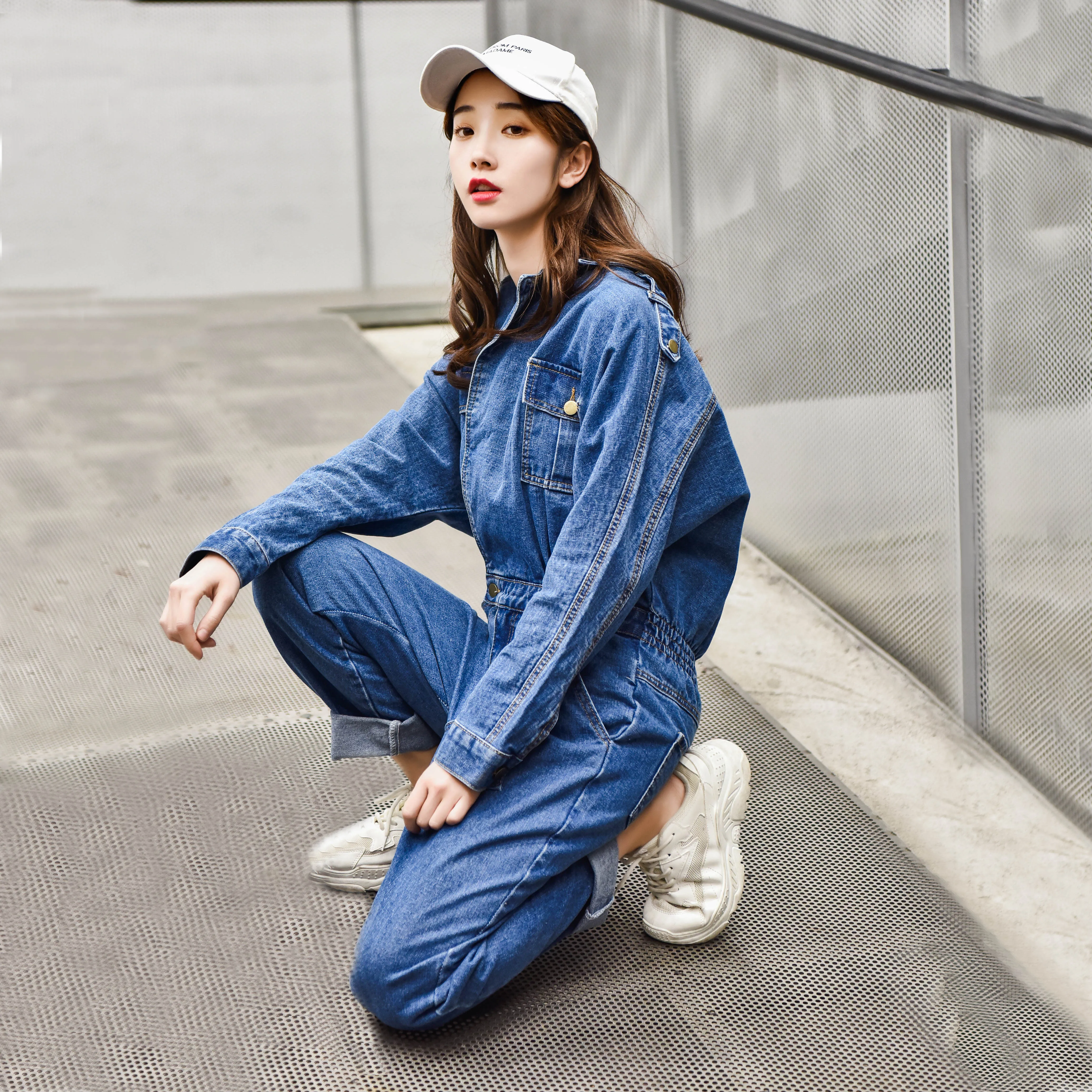 Комбинезон женский джинсовый с высокой талией винтажный синий комбинезон из