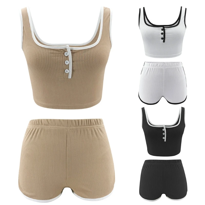 

Womens Sexy 2 Pieces Ribbed Outfits Set Sleeveless U-Neck Button Crop Top Vest High Waist Shorts Solid Color Sports Workout Skin