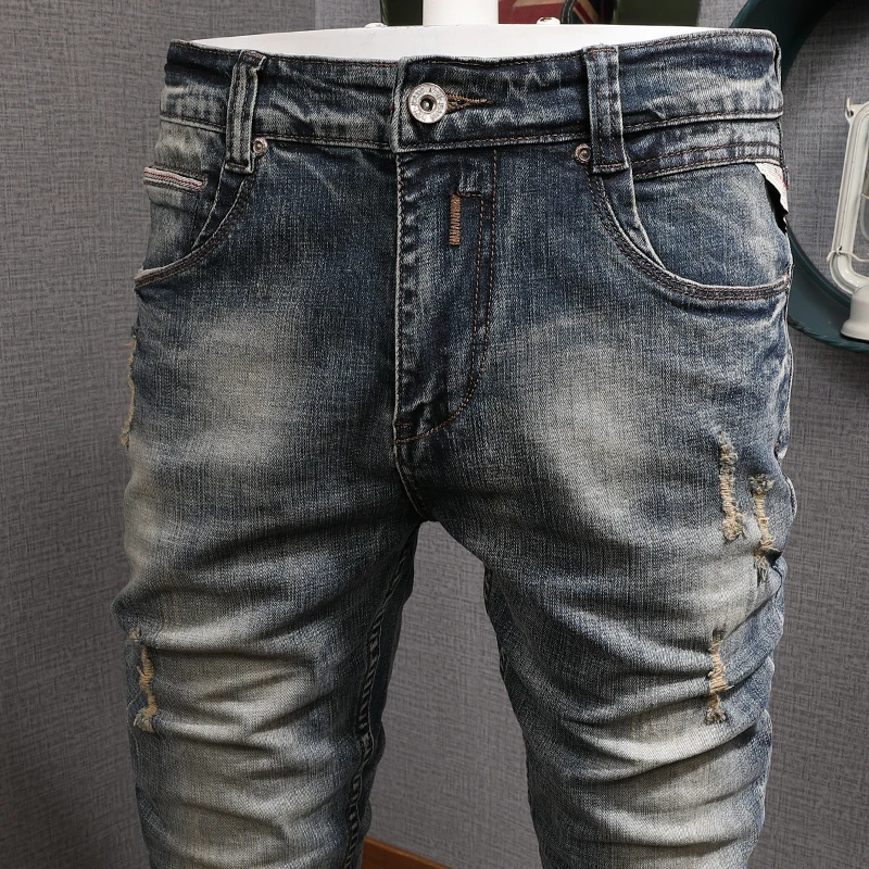 European American Vintage Fashion Men Retro Yellow Distressed Wash Ripped Jeans Men Designer Slim Fit Casual Cotton Denim Pants