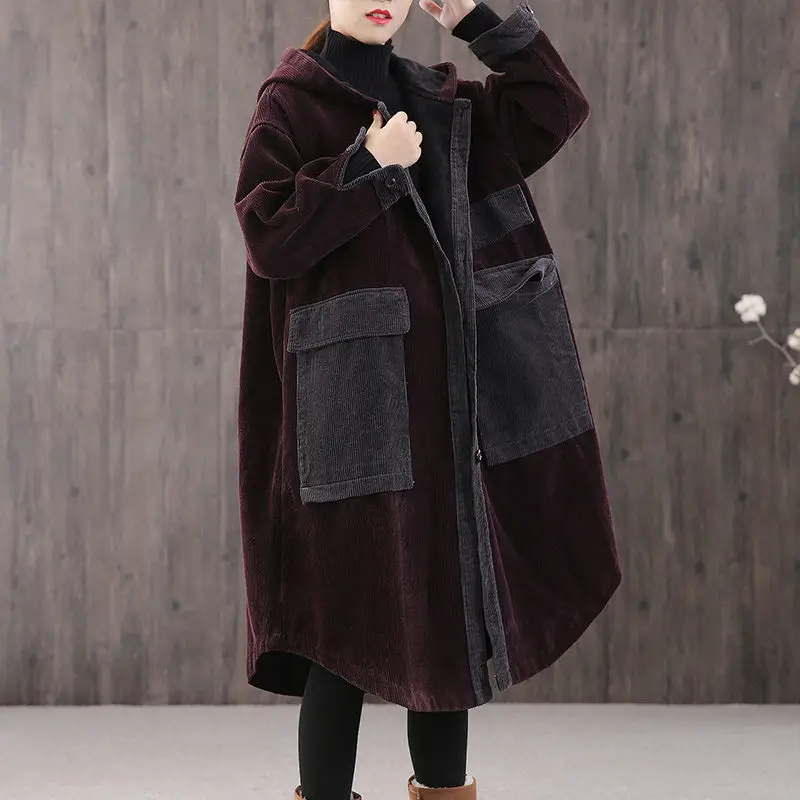 Women's Autumn and Winter Loose Long Cloak Parkas Corduroy Jacket Big Pocket Plus Cotton Thick Hooded Padded Coats Windbreaker