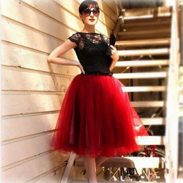 

7 Layers Midi Tulle Skirt for Ladies Girls Fashion Tutu Skirts Women Solid Lace Ball Gown Party