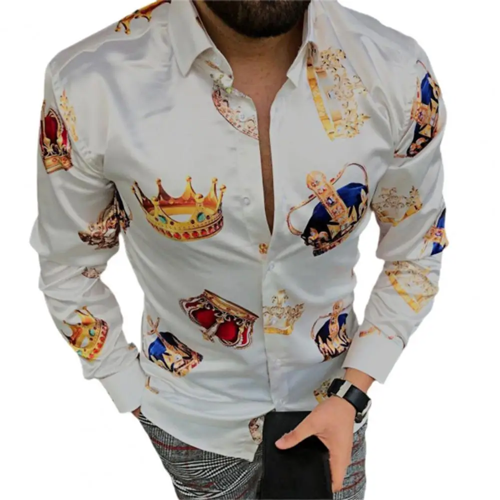 

Мужская приталенная рубашка на пуговицах, гавайская рубашка с отложным воротником и длинным рукавом, с принтом короны, уличная одежда для в...