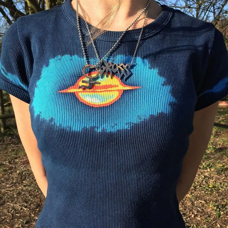 

2021 Summer Fashion Women Round Neck Top Planet Chrysanthemum Print T-shirt Tops Women's short Sleeves Female Short Shirt