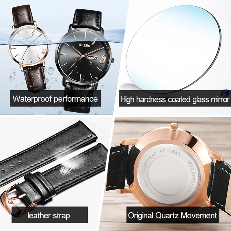 OLEVS 2021 New Ladies Fashion Casual Waterproof Breathable Leather Quartz Watches Alloy Case Men's And Women Watch Couple