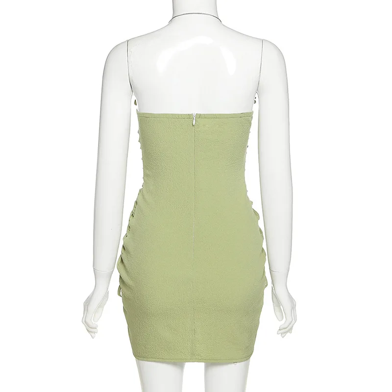 

Hola TeenYang 2020 Summer Mini Dresses Sheath Halter V Neck Sleeveless Bodycon Pleated Drawstring Bandage Women Dress Vestidos