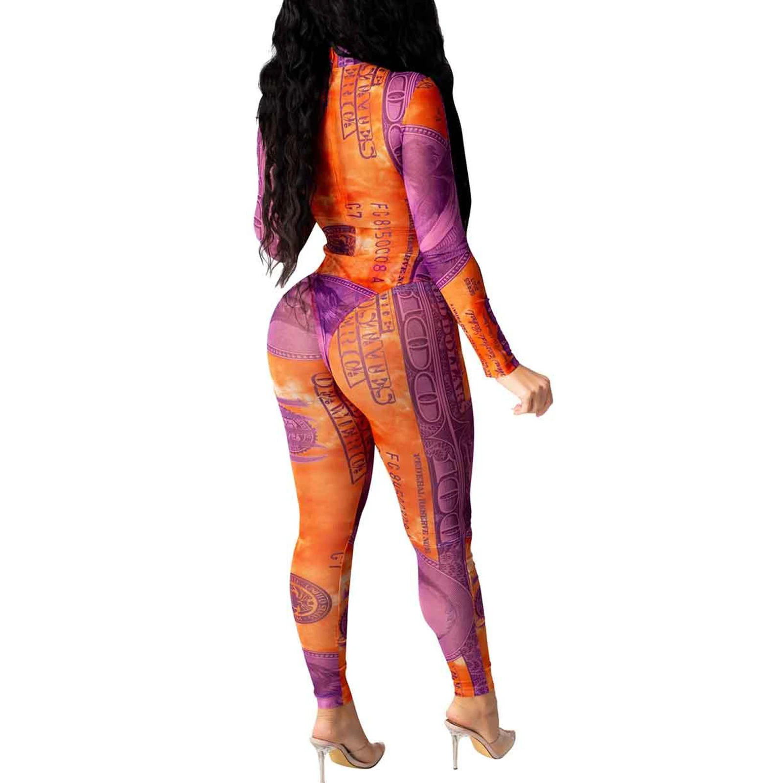 

Women Sexy Sport See-through Jumpsuit Adults Long Sleeve HIgh Turtleneck Dollar Printed Mesh Romper
