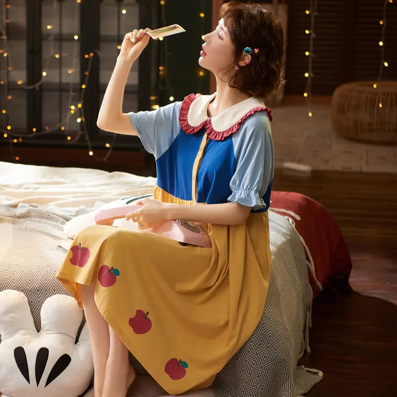 Summer Nightdress Pajamas Women's Summer Cotton High Grade Short Sleeve Long Over The Knee Cotton Home Clothes