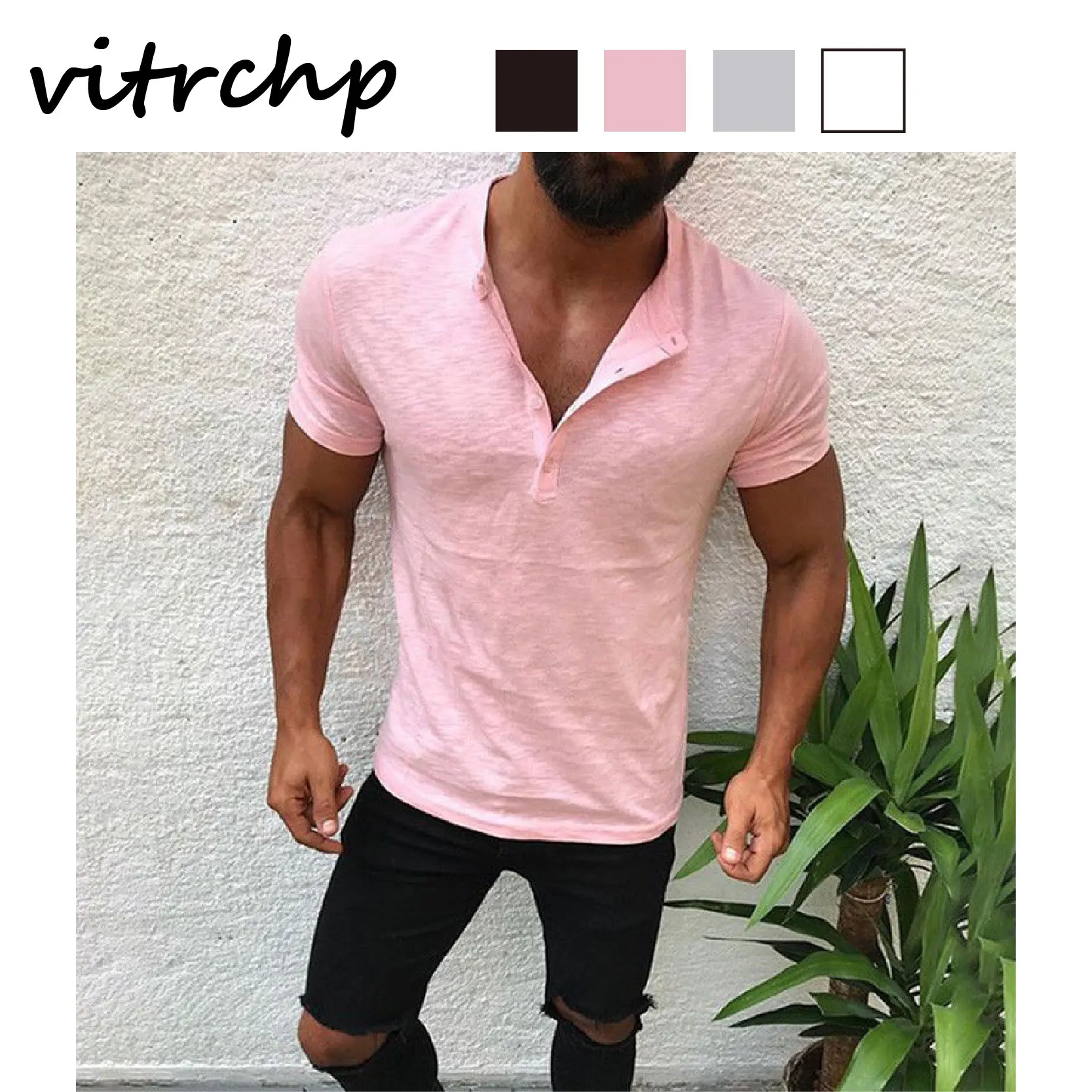 

VITRCHP 2021 Men's T-Shirt New Product V-Neck Short Sleeve Solid Color Hip Hop Hot Sale European and American Button Top