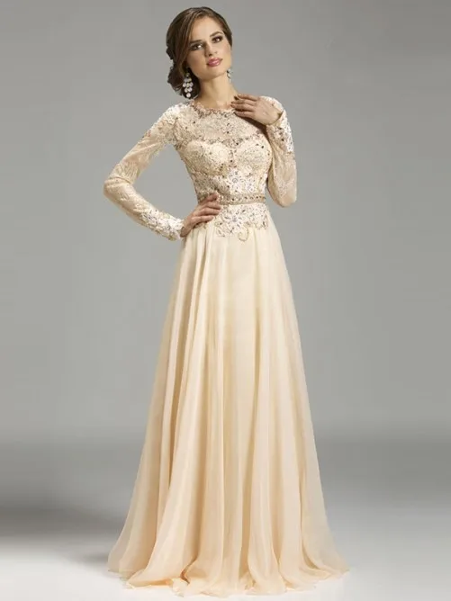 

Elegant A Line Chiffon Long Sleeve Lace Prom Dresses 2015 vestidos de baile robe de bal galajurken