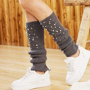 Осенне-зимние гетры, женские модные Украшенные жемчугом гетры выше колена, вязаные шерстяные гетры, носки для сапог LWB003